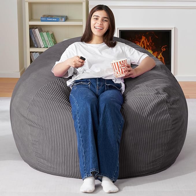 Homguava 3.5FT Bean Bag Chair: Teardrop Bean Bags with Memory Foam Filled, Compact Beanbag Chairs Soft Sofa with Corduroy Cover (Grey)-BubblyBeeBaby