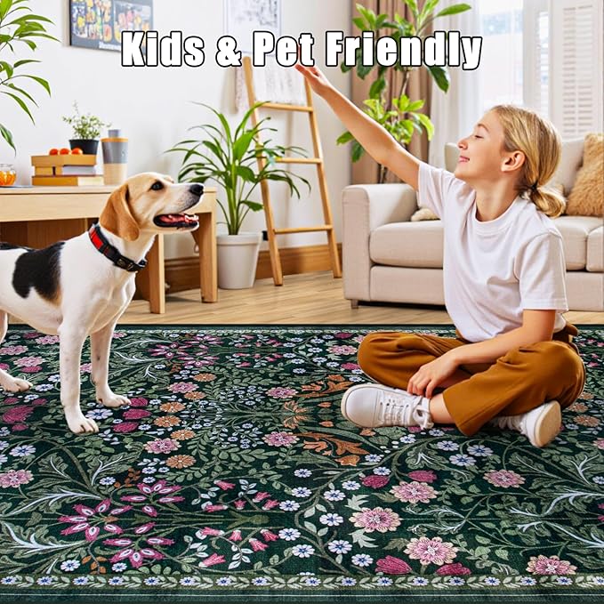 10x14 Area Rugs for Living Room: Floral Washable Rug Vintage Large Soft Boho Non-Slip Carpet Stain Resistant Low Pile Carpets for Bedroom Dining Room Farmhouse Nursery Hallway Home Office Dark Green-BubblyBeeBaby