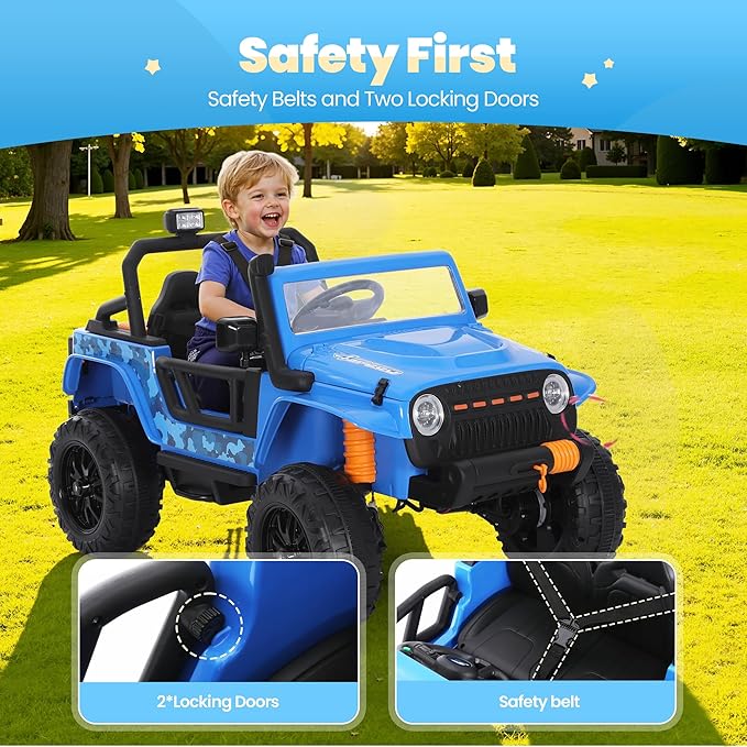24V Kids Toddler Ride On Truck Electric Car Kids Ride On Truck Car Electric Jeep Off-Road Truck for Parent Remote Control LED Lights Music Powerful Wheels for Ages 3+(Blue)-BubblyBeeBaby