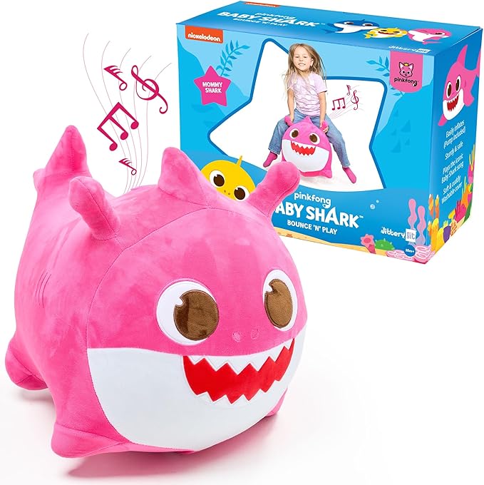 JITTERYGIT Baby Shark Bouncy Hopper - Musical Plush Toy for Kids and Toddlers - Mommy Shark (Pink)-BubblyBeeBaby