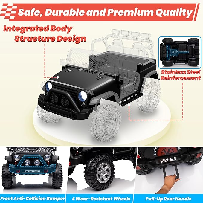 24V 4WD Ride on Truck Car w/800W Motors, Gift Flower, Remote Control, 2 Seaters, Light Bar, 3 Speeds, Pop Music, Power Four Wheels, 24 Volt Ride on Toy Car for Big Kids, Black-BubblyBeeBaby