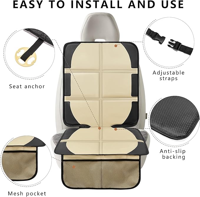Car Seat Protector for Child Car Seat, 2 Pack Baby Car Seat Covers with Mesh Pockets & Non-Slip Backing 600D Durable Seat Protector Under Baby Car Seat for Car Back Seat (Beige, Large)-BubblyBeeBaby