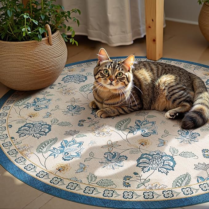 jinchan 6ft Floral Round Rug for Dining Room Washable Living Room Rug Vintage Romance Design Non Slip Indoor Floor Cover Lightweight Low-Profile Throw Carpet for Bedroom Porch Patio, Blue/Beige-BubblyBeeBaby