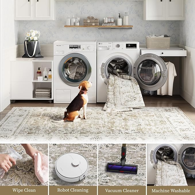 jinchan Runner Rug 3x8-2pcs Kitchen Washable Vintage Hallway Rug Floral Print Floor Cover Indoor Thin Retro Mat Accent for Bathroom Laundry Room Bedroom Office Farmhouse (Double,Taupe)-BubblyBeeBaby