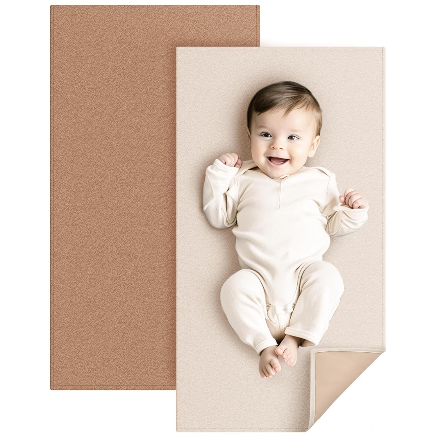 Konssy Faux Leather Baby Changing Mat, Waterproof, Wipeable & Portable Diaper Changing Pad for Travel or Home, Fits Perfectly in Diaper Bag, 32 x 20 inches (Brown,Beige)