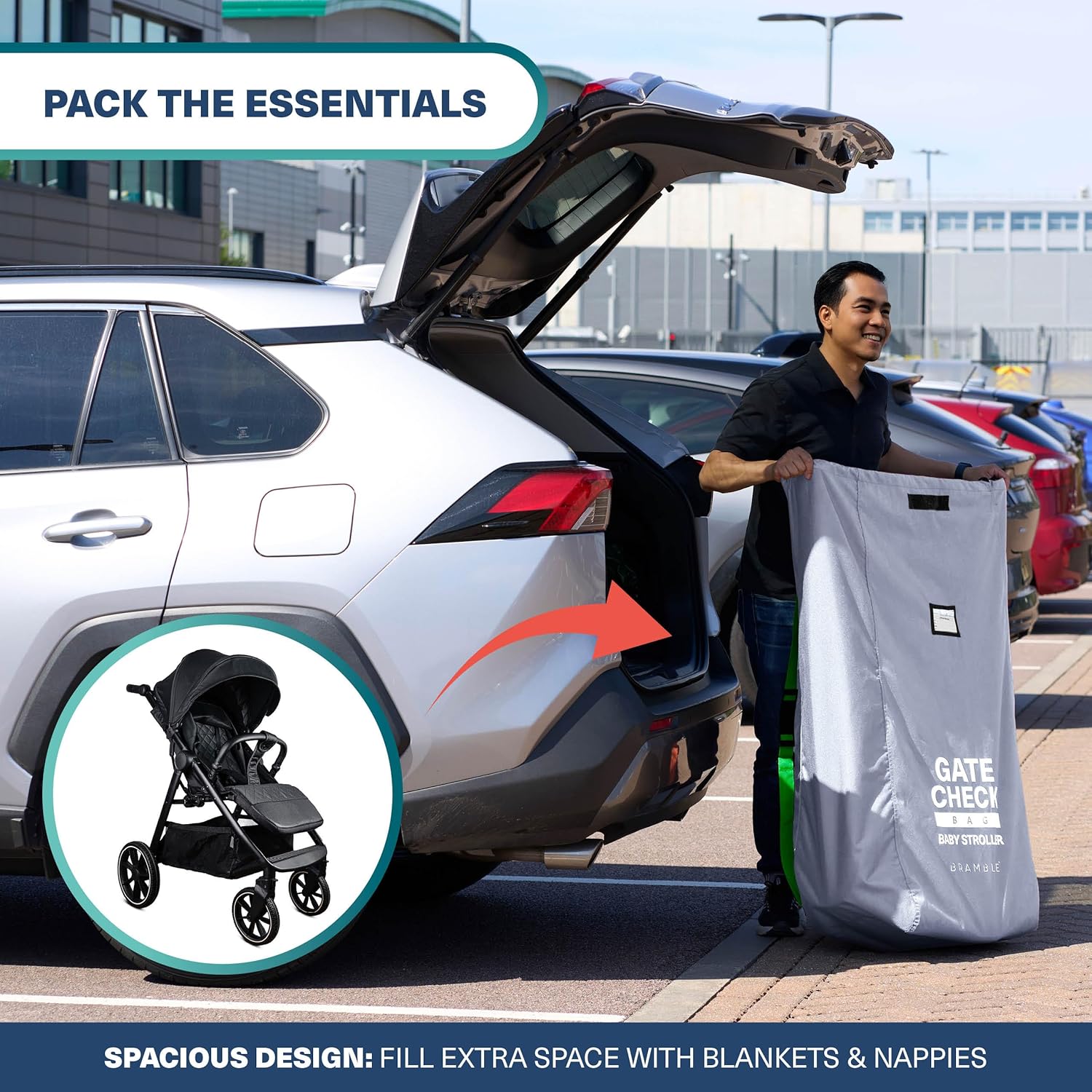 Bramble 45" Large Gate Check Stroller Bag for Airplane - Universal Fit, Drawstring Closure, ID, Padded Adjustable Strap - Baby Buggy Stroller Travel Bag for Airplane Travel