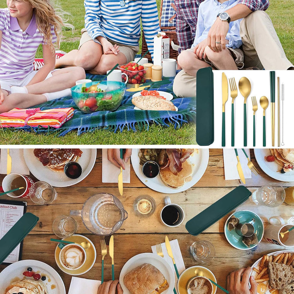 AARAINBOW 6 Pieces Stainless Steel Flatware Set Portable Reusable Cutlery Set Travel Utensils Set Including Chopsticks Knife Fork Spoon Straws Cleaning Brush Dishwasher Safe (B-Green golden)