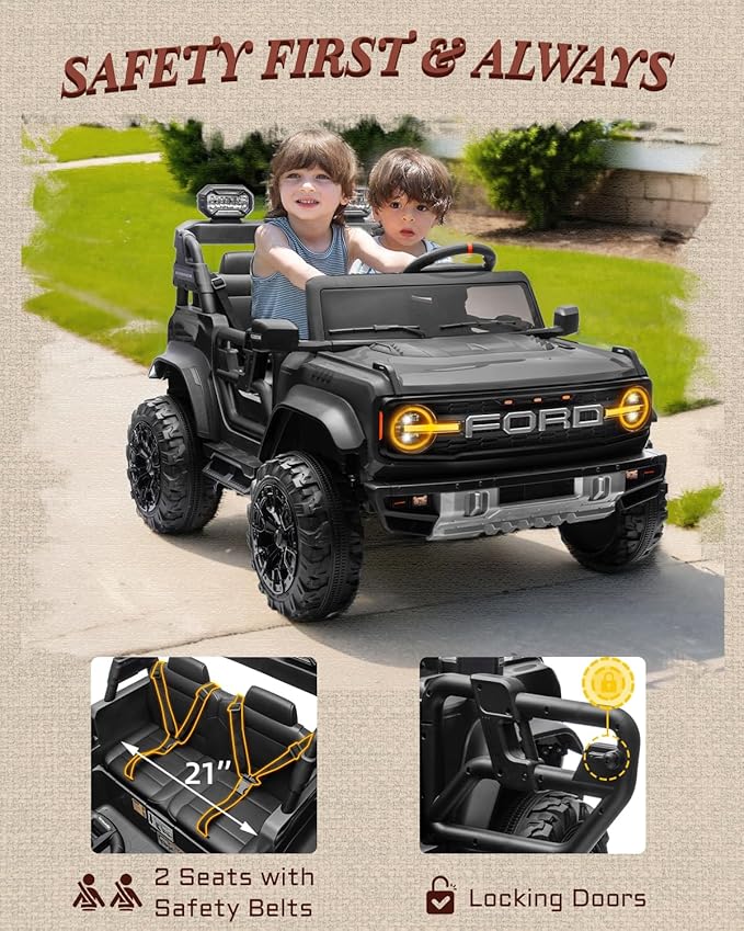 24V Ride on Toys for Big Kids, Licensed Ford Bronco Raptor Electric Car 2 Seater with Remote Control, Kids Ride on Cars w/ 2-Seater, 4.3 Mph Max Speed, Soft Start Function (24V, Black)-BubblyBeeBaby
