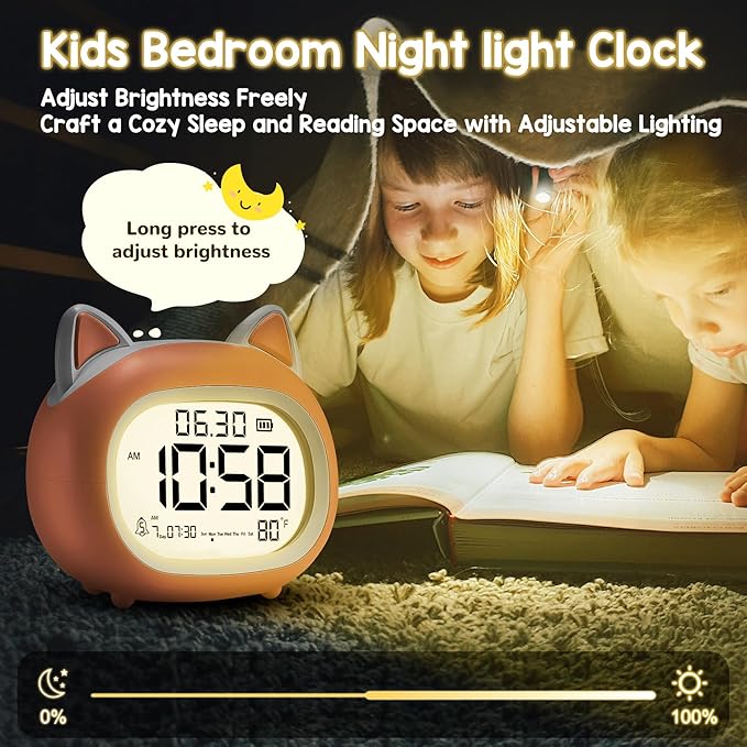 Kids Alarm Clock with Night Light for Kids, Small Digital Alarm Clocks for Bedrooms, Routine Builder, Cute Cat Alarm Clock with Sleep Training, Snooze, 12/24H, Date & Day, Temperature, USB Port-BubblyBeeBaby