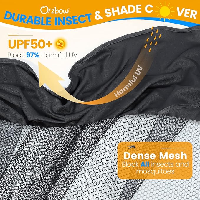 Orzbow 2-in-1 Baby Mosquito Net with UPF50+ Sunshade for Stroller, Breathable Stroller Mosquito Netting Privacy Cover with Two-Way Zipper & Storage Bag for Bassinet, Carrycot & Car Seat, Black-BubblyBeeBaby