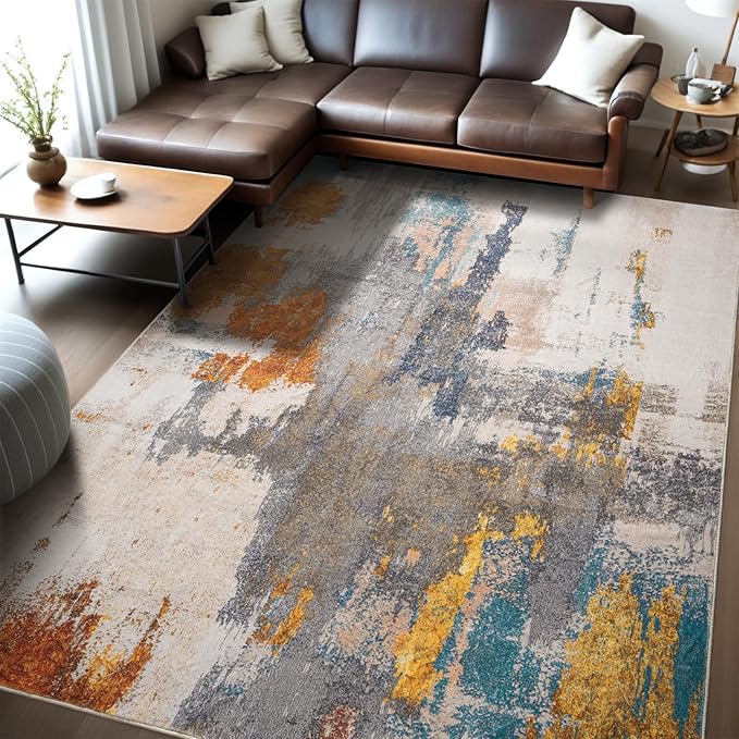 Kelarea Living Room Rug, 6x9 Rug Modern Abstract Washable Rugs Grey Faux Wool Vintage Carpet, Non Slip Rugs for Living Room, Bedroom, Dining Room, Kids Playroom, Home Office-BubblyBeeBaby