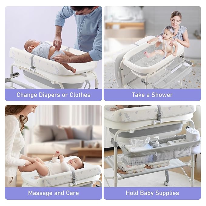 2-in-1 Baby Bathtub with Changing Table, Foldable Diaper Changing Station with 4 Wheels, Waterproof Pad, Storage Rack and Baby Bath Tub, Adjustable Height Portable Nursery Organizer for Newborn Infant-BubblyBeeBaby