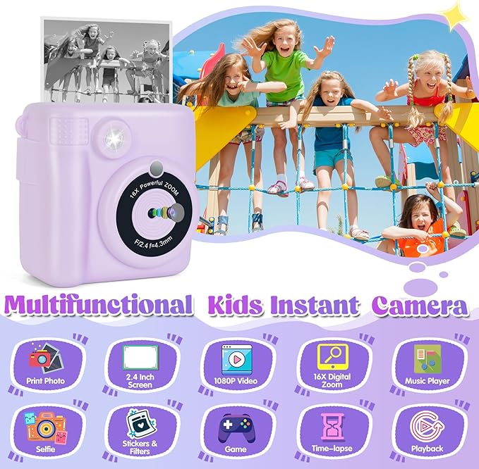 Instant Print Camera for Kids - 2.4 Inch Kids Camera Instant Print with Paper & 32G Card- Digital Children Toys as Christams Birthday Gifts for Girls Boys Age 3-12 - Purple-BubblyBeeBaby