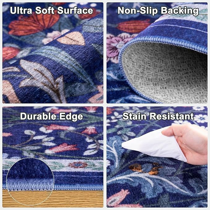 10x14 Area Rugs for Living Room: Floral Washable Rug Vintage Large Soft Boho Non-Slip Carpet Indoor Floor Stain Resistant Low Pile Carpets for Bedroom Dining Room Farmhouse Nursery Hallway Home Office-BubblyBeeBaby