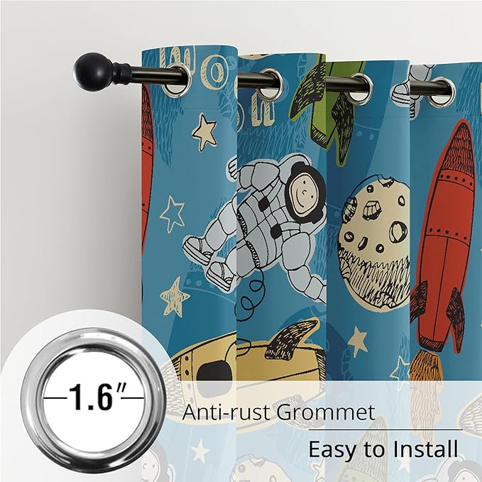 Kids Astronaut and Rocket Blackout Curtains - 100% Blackout, Thermal Insulated, Noise Reducing, Bring The Cosmos Closer to Your Kid’s Room, 2 Panels (Moonbound Adventure, W52×L63)-BubblyBeeBaby