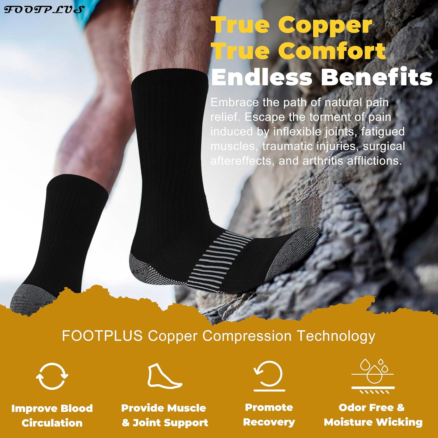 FOOTPLUS Hiking Copper Compression Socks,Unisex Cushioned Sole Arch Support Athletic Crew Running Socks