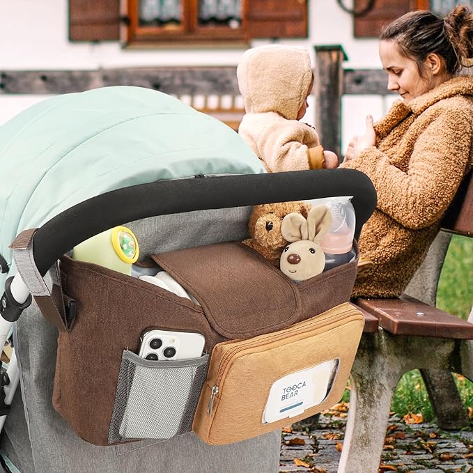 Accmor Universal Stroller Organizer with Insulated Cup Holder, Stroller Caddy Bag Accessories, Stroller Cup Holder Organizer for Uppababy Baby Jogger Britax Stroller, Brown-BubblyBeeBaby