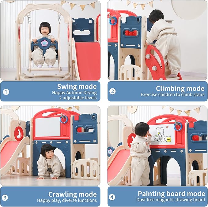 12 in 1 Toddler Outdoor Playset with Swing, Indoor Swing and Slide Set Playground for Toddlers 1-3, Durable Climber Basketball Hoop Ball Toddler Indoor Playset for Home Playground - Red Blue-BubblyBeeBaby