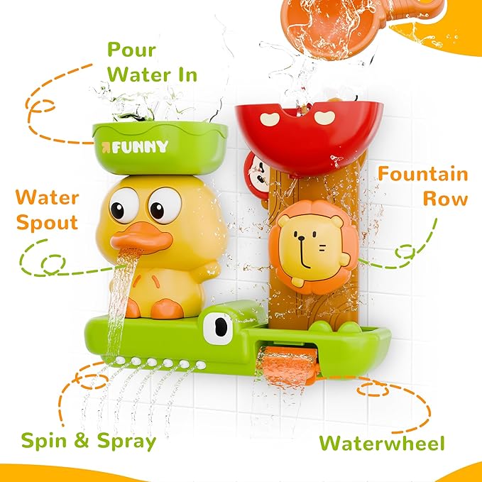 iPlay, iLearn Bath Toys for Toddlers 1-3, Baby Waterfall Bathtub Toy W/ Suction Cup, Kids Bath Tub Shower Playset, Infant Bathtime Fun Summer Pool Birthday Gift 18 24 Month, 2-4, 3-5 Year Old Girl Boy-BubblyBeeBaby