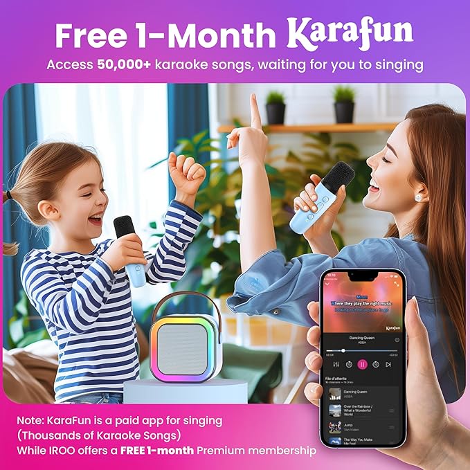 IROO Mini Karaoke Machine for Kids, 2025 TOP Toys Birthday Gifts Ideas for Girls Ages 4, 5, 6, 7, 8, 9, 10, 12+ Years Old, Portable MP3 Player with 2 Wireless Mics for Party-BubblyBeeBaby