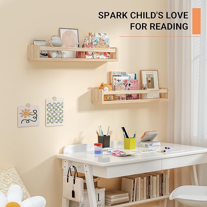 Heimlove Nursery Floating Shelves, Wood Nursery Book Shelves for Wall, 24 inch Wall Bookshelf for Kids Solid Wood for Books,Toys and Decor Storage, Set of 3-BubblyBeeBaby