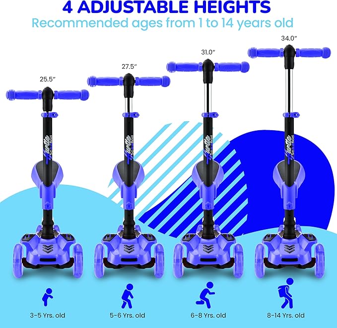 Hurtle 3-Wheeled Scooter for Kids - Wheel LED Lights, Adjustable Lean-to-Steer Handlebar, and Foldable Seat - Sit or Stand Ride with Brake for Boys and Girls Ages 1-14 Years Old-BubblyBeeBaby