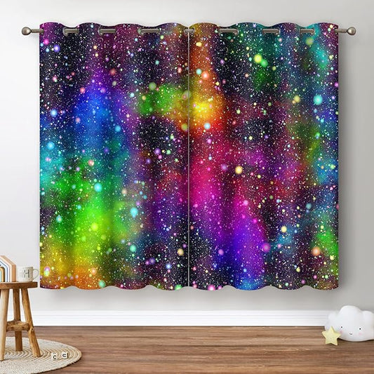 Jekeno Galaxy Blackout Curtains Kids Boys Girls Bedroom Outer Space Universe Nebula Starry Sky Colorful Stars Decor Decoration Grommet Window Drapes 2 Panel Set, 42"x84"-BubblyBeeBaby