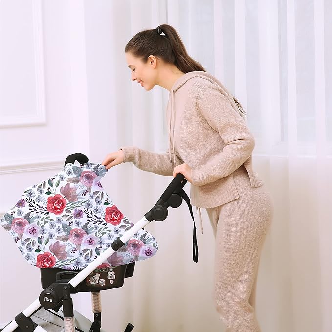 Multi-use Canopy Breastfeeding Cover - Car Seat Canopy for Babies, Stretchy Carseat Cover, Boys and Girls Shower Gift (Purple Flower)-BubblyBeeBaby