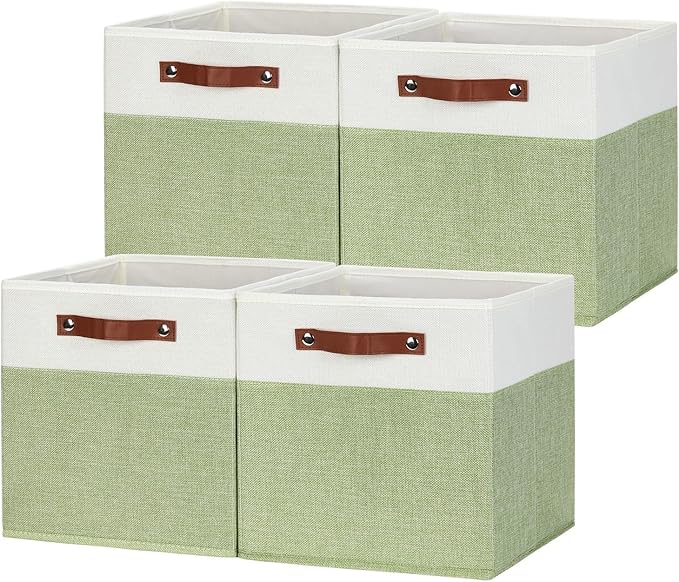 HNZIGE Fabric Storage Cubes for Shelves Set of 4 ,Storage Cubes Baskets 12 x12, Decorative Storage Bins Basket with Handles, Green Baskets for Organizing Home Nursery(Green White)-BubblyBeeBaby