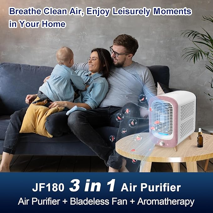 Jafanda Air Purifier for Home Bedroom 780sq ft, HEPA & Activated Carbon, Air Cleaner with Fragrance Sponge & Nightlight for Smoke, Allergies, Dust, Odor, VOC, Pet Dander, Pollen, Office, Desktop, Pink-BubblyBeeBaby