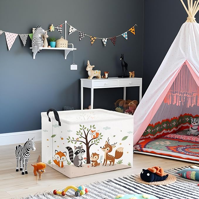 HIYAGON Rectangular Woodland Animal Basket Kids Baby Storage Basket Storage Bin Organizer Box Animal Room Decor(Spring Animal)-BubblyBeeBaby