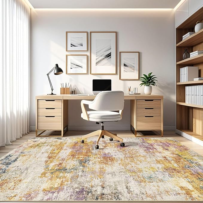 10X12 Area Rugs Living Room: Washable Large Abstract Modern Soft Stain Resistant Indoor Floor Rugs Non Slip Accent Carpet for Bedroom Nursery Playroom Office Dining Room Dorm Home House- Gold Colorful-BubblyBeeBaby