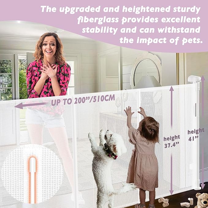 200" Retractable Baby Gates Extra Wide for Large Opening, 41" Extra Tall Retractable Dog Gate Pet Gates, Long Child Safety Mesh Gate with Fiberglass Rods for Stairs, Doorways, Hallways, Indoor/Outdoor-BubblyBeeBaby