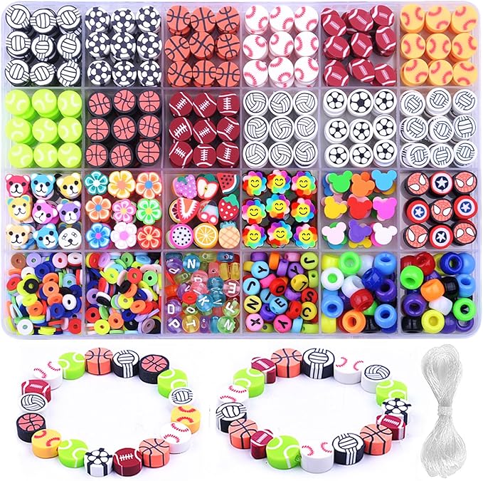 1000PCS Sports Polymer Clay Beads Bracelet Making kit, 24 Style Cute Fun Ball Beads Baseball Basketball Soccer Rugby Volleyball Football Charms, DIY Bracelet Making kit-BubblyBeeBaby