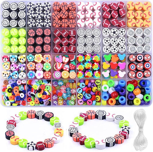 1000PCS Sports Polymer Clay Beads Bracelet Making kit, 24 Style Cute Fun Ball Beads Baseball Basketball Soccer Rugby Volleyball Football Charms, DIY Bracelet Making kit-BubblyBeeBaby