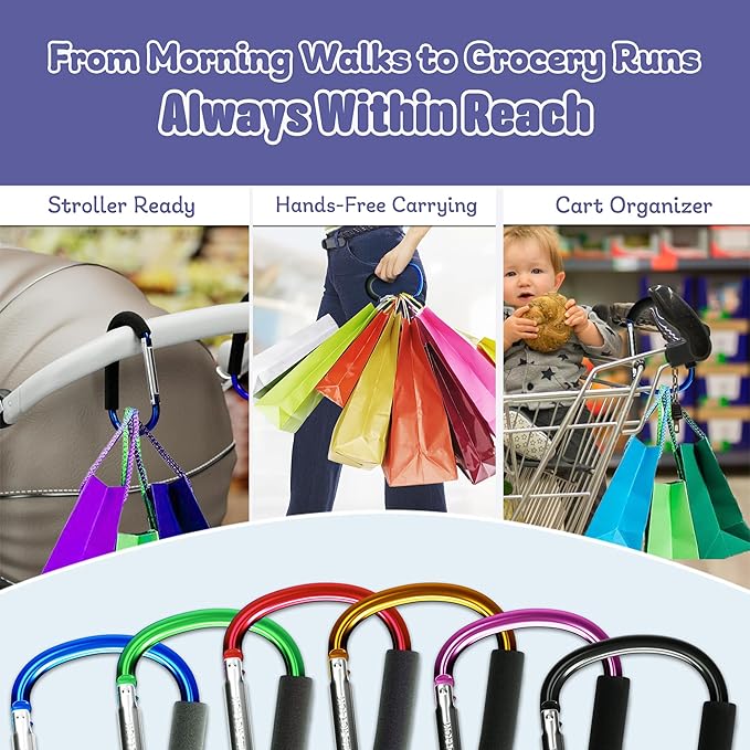 sprookber 6.7 Inch Large Stroller Hooks for Diaper Bags & Purses, Heavy Duty Mommy Hooks for Shopping, Grocery, Backpack – Baby Stroller Accessories, Set of 2 (Pink)-BubblyBeeBaby