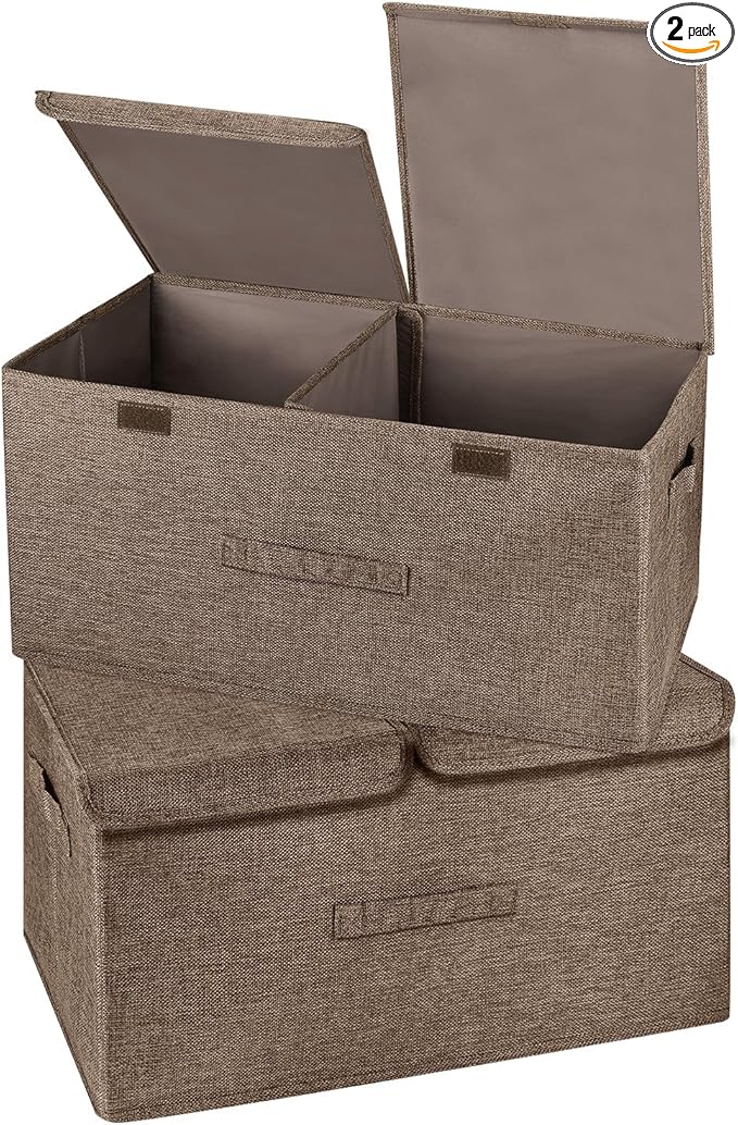 2 Pack Large Storage Boxes with Lids and Handles, Collapsible Linen Storage Bins Organizer Containers Baskets Cube with Removable Divider for Home Bedroom Closet Office (Coffee, Large)-BubblyBeeBaby
