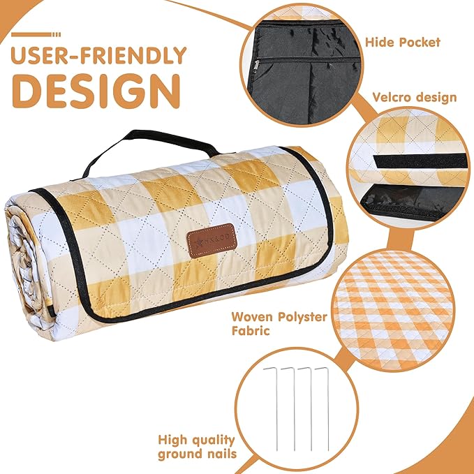 HX&OD Outdoor Picnic Blanket, Extra Large, 80''x80'' Waterproof Foldable Blankets Gingham Picnic Mat for Beach, Camping Grass Lawn Park Accessories Cute Couple Ideas Wedding (Yellow, 80”x80”)-BubblyBeeBaby