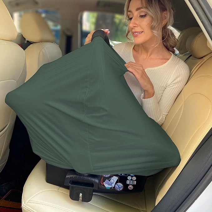 Breathable Car Seat Cover for Babies – Multi-Purpose Soft Rayon Nursing Cover for Breastfeeding, High Stretchy Infant Carseat Canopy, Stroller Cover (Smooth Rayon, Roman Green)-BubblyBeeBaby