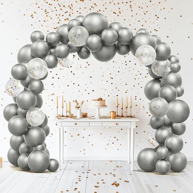 JOYIN 150 Pcs Metallic Silver Balloons, Different Sizes 18 12 10 5 Inch Silver Latex Balloon Arch Kit with Instruction for Birthday Party Graduation Wedding Holiday Decoration-BubblyBeeBaby