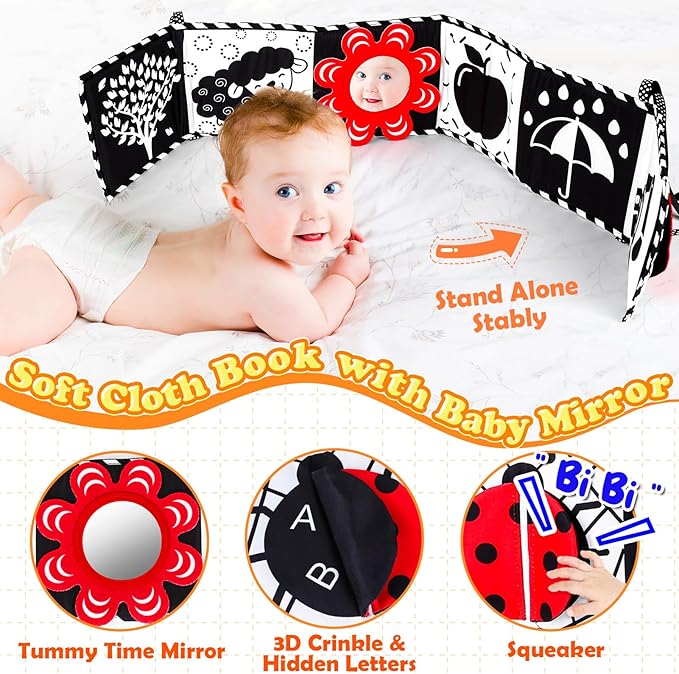 High Contrast Baby Toys for Newborn Infant 0-6 Months Montessori Tummy Time Black and White Sensory Crinkle Toys 0-3 3-6 Months Soft Books Carseat Toys for Baby Boys Girls Easter Basket Stuffers Gifts-BubblyBeeBaby