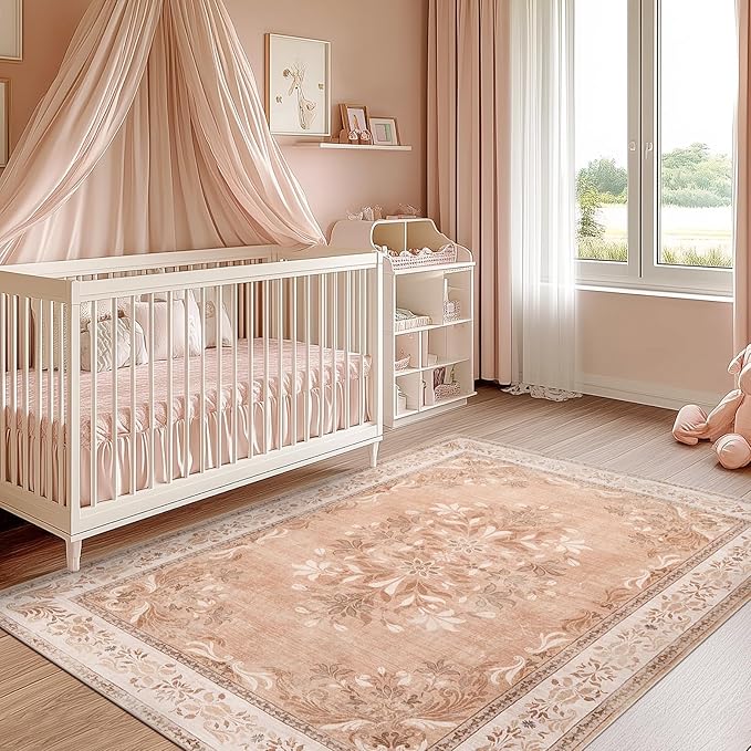 jinchan Vintage Floral 4x6 Area Rugs - Machine Washable Distressed Design Soft Ultra-Thin Low-Pile Non-Slip Carpet for Entryway Kitchen Bedroom Nursery Living Room Dining Room (4x6ft,Coral Pink)-BubblyBeeBaby