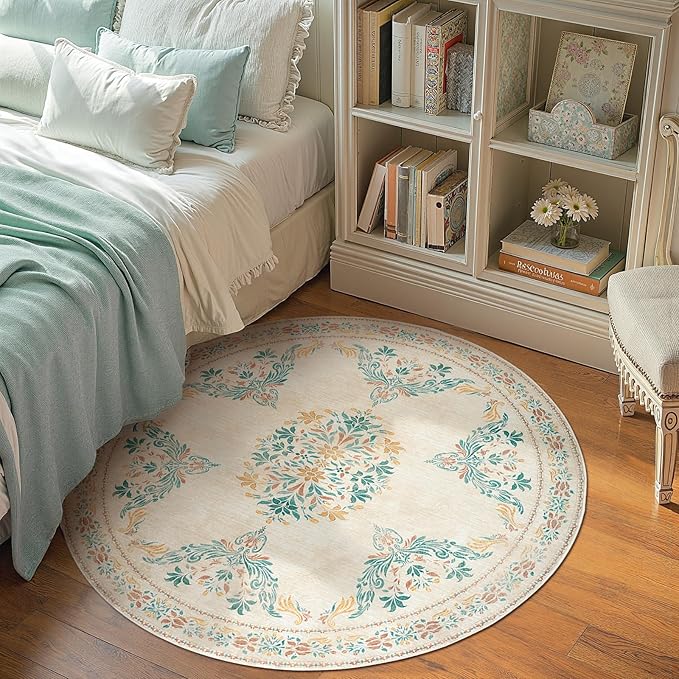 jinchan Round Rug 4ft Area Rugs Vintage Floral Distressed Design,Machine Washable Soft Non-Slip Low-Pile Ultra-Thin Circle Rug for Entryway Bedside Living Room Kitchen Nursery (4' Round,Apricot Multi)-BubblyBeeBaby