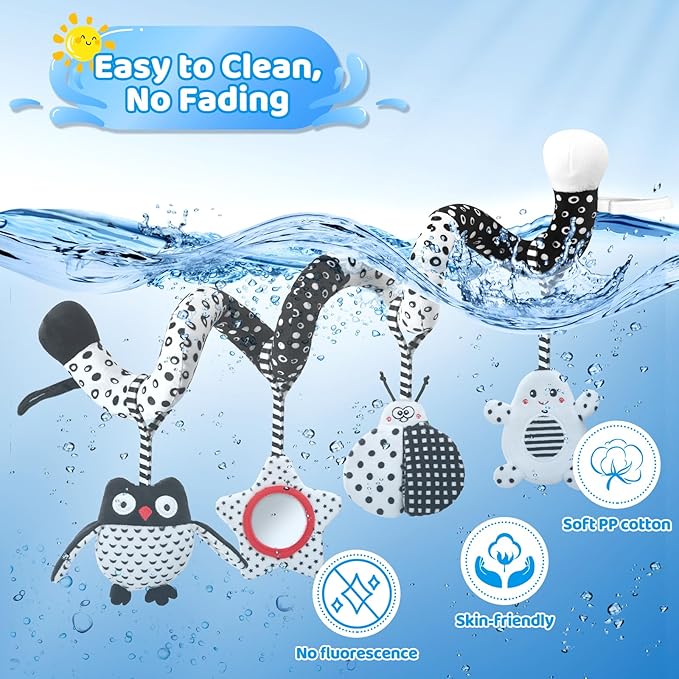 High Contrast Baby Toys - Black & White Hanging Toys for Car Seat, Stroller & Crib | Newborn Essentials 0-6 Months | Perfect-BubblyBeeBaby