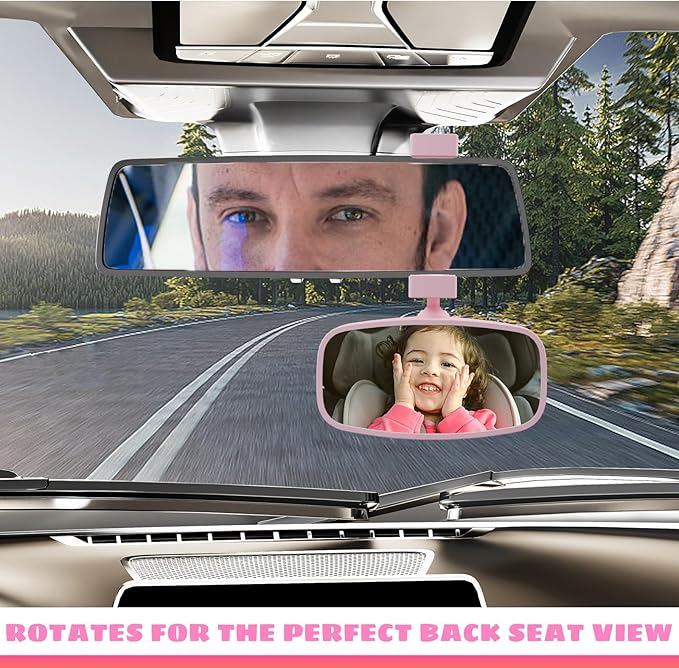 360-Degree Baby Car Mirror for Rear-Facing Seats,Kids Safety Mirrors with Tool-Free Installation,Kids Rear View Mirror BPA-Free Shatterproof & ASTM Certified (Adjustable 14"-22") (PINK)-BubblyBeeBaby