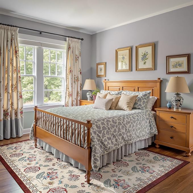 jinchan 8x10 Floral Rug for Living Room Washable Bedroom Rug Vintage Romance Design Non Slip Thin Indoor Floor Cover Large Low-Profile Throw Carpet for Dining Room Office, Red/Beige-BubblyBeeBaby