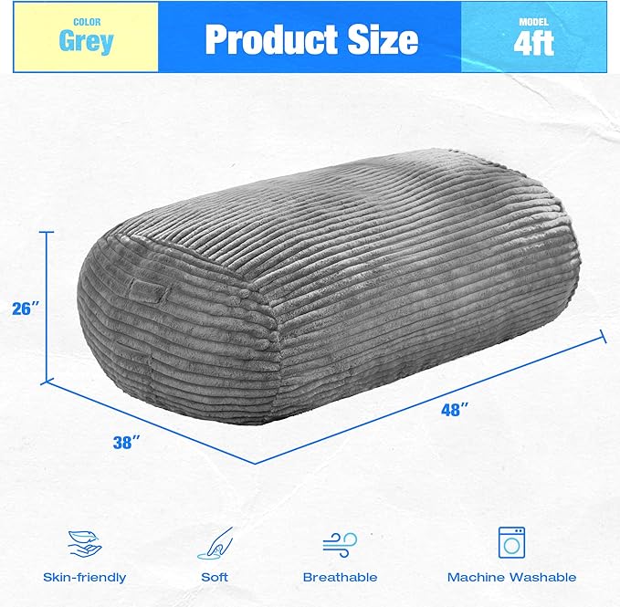 Hobestluk 4FT Bean Bag Chairs Adult Bean Bag with Portable Handle Comfy Large Bean Bag Chair with Removable Cover for Living Room Bedroom or Reading Nook (Stripe Grey, 4FT)-BubblyBeeBaby