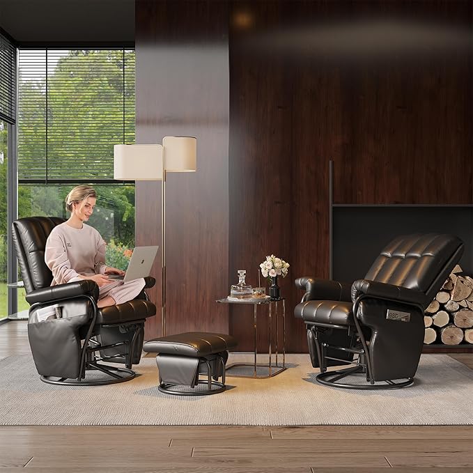 JIASTING 360° Swivel Recliner Chair with Ottoman & Double Side Pockets, Nursing Glider Rocking Recliner Chair, Gliding Chair for Nursery, Living Room, Office, Bedroom, Metal Frame (Black 1)-BubblyBeeBaby