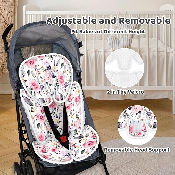 Infant Car Seat Insert, 2-in-1 Reversible Baby Carseat Head Support for Newborn, Soft Carseat Insert Cushion for Baby Girls, Adjustable Baby Headrest for Strollers-BubblyBeeBaby