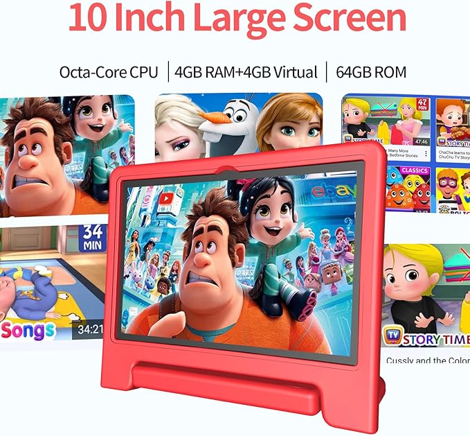 JREN Tablet for Kids｜10 Inch Kids Tablet Android 14｜Octa-core｜64GB｜WiFi ｜Bluetooth｜Parental Control｜Children Content｜Children Toddler Red-BubblyBeeBaby
